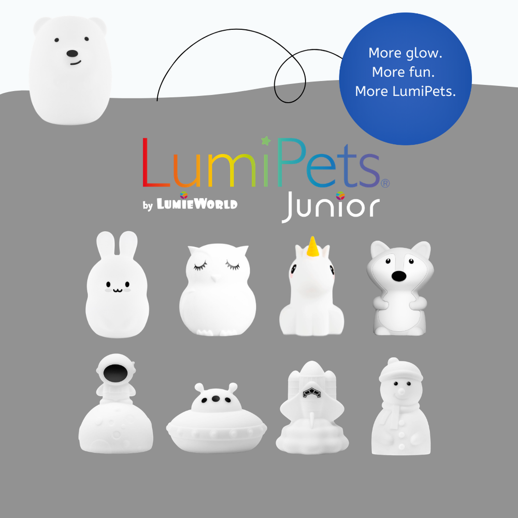 LumiPets Junior lineup featuring multiple white animal night lights