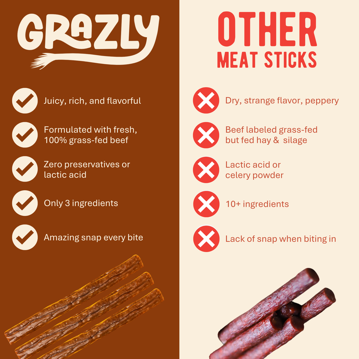 Beef meat sticks comparison graphic with stacked stick pieces