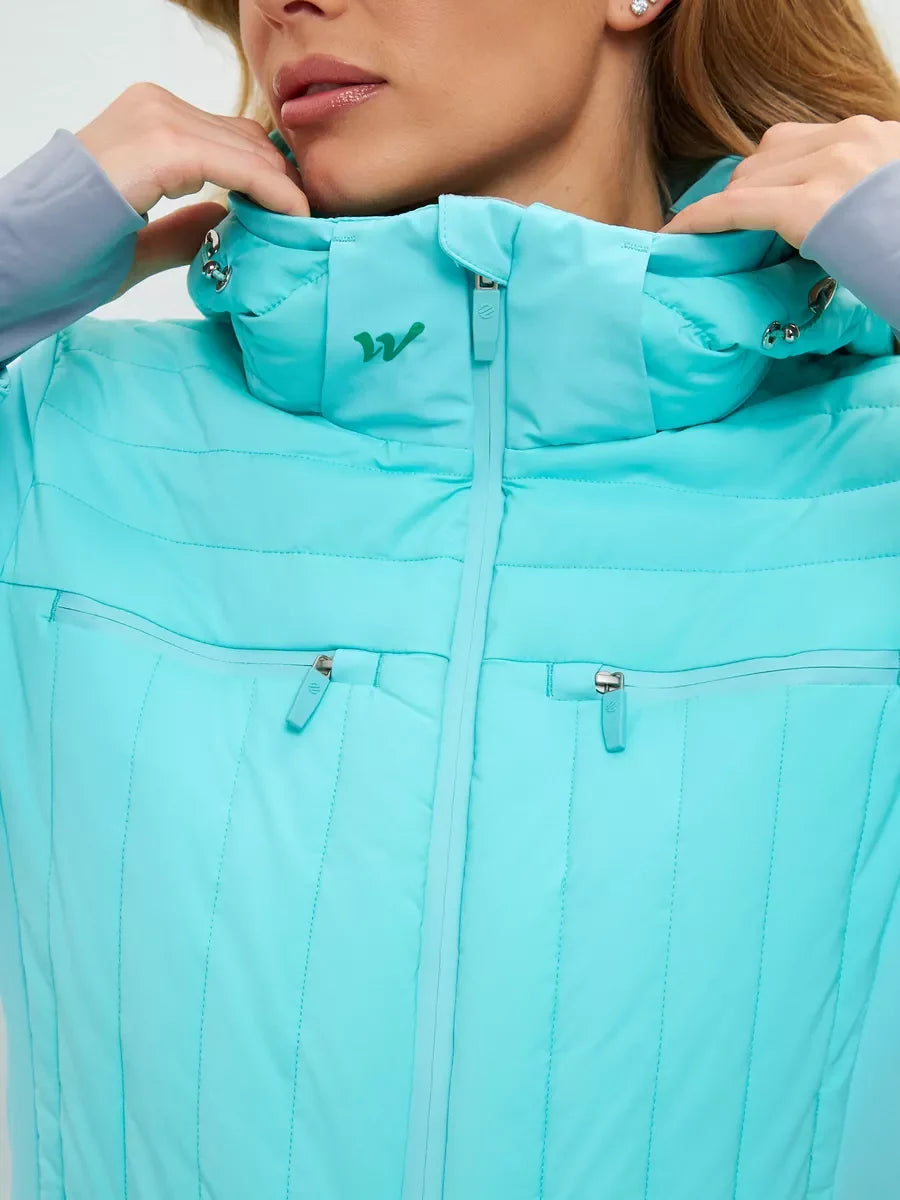 Mint waterproof ski jumpsuit front close-up with hood straps and zipper placket.