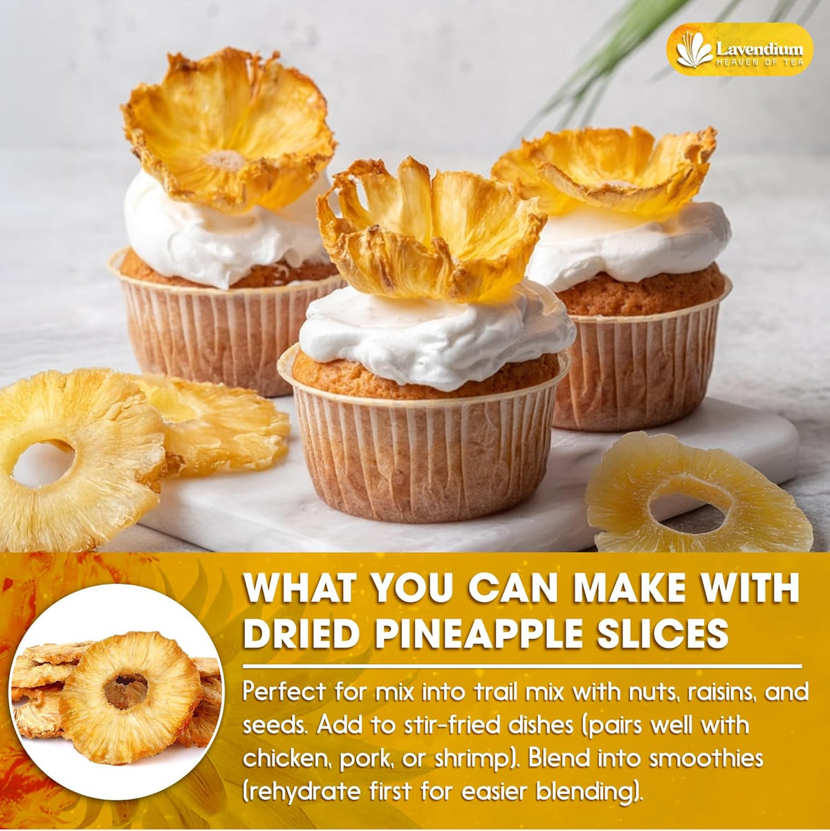Dried pineapple slices used as cupcake toppings, golden rings with holes