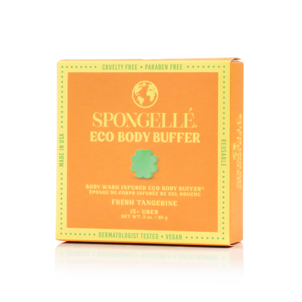 Spongellé Eco Body Buffer box in fresh tangerine with green flower logo