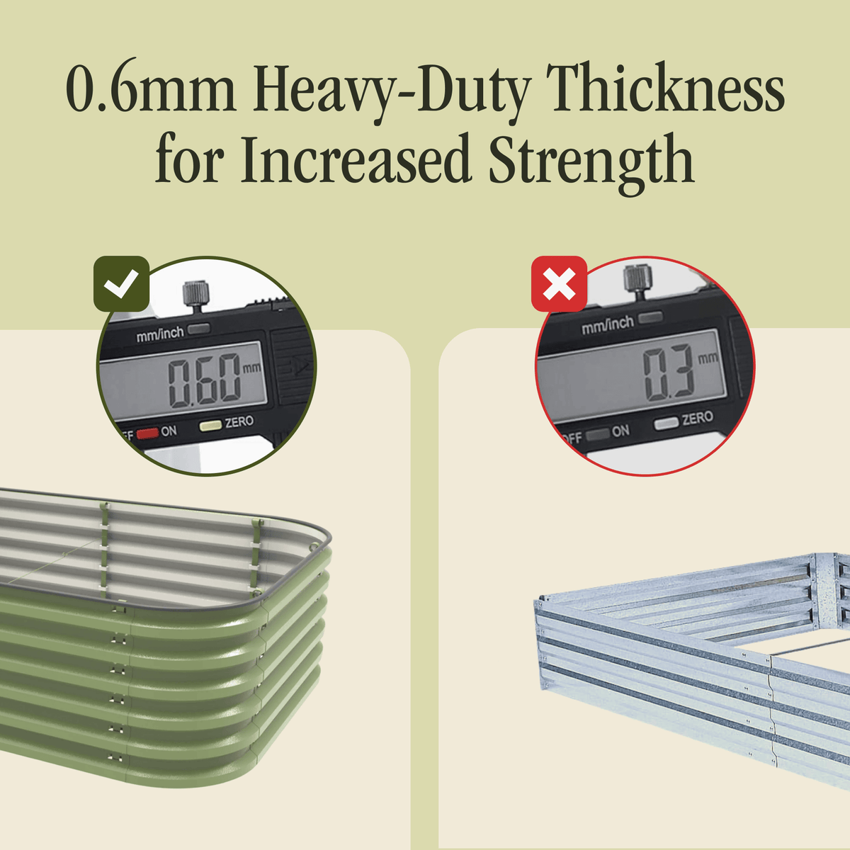 Green metal raised garden bed corner with thickness measurement gauge detail