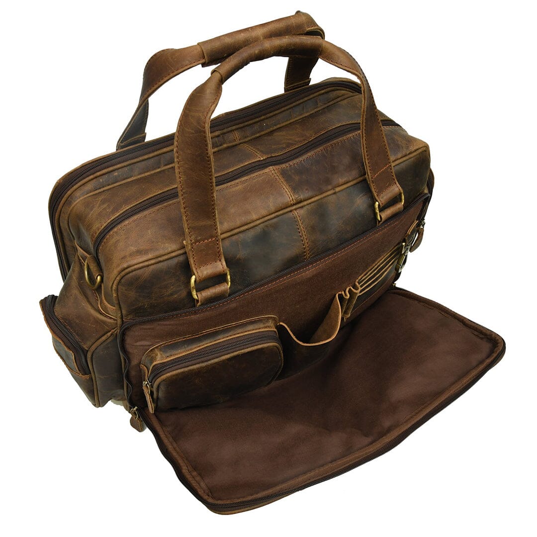Brown leather briefcase with detachable mat panel and front zip pocket