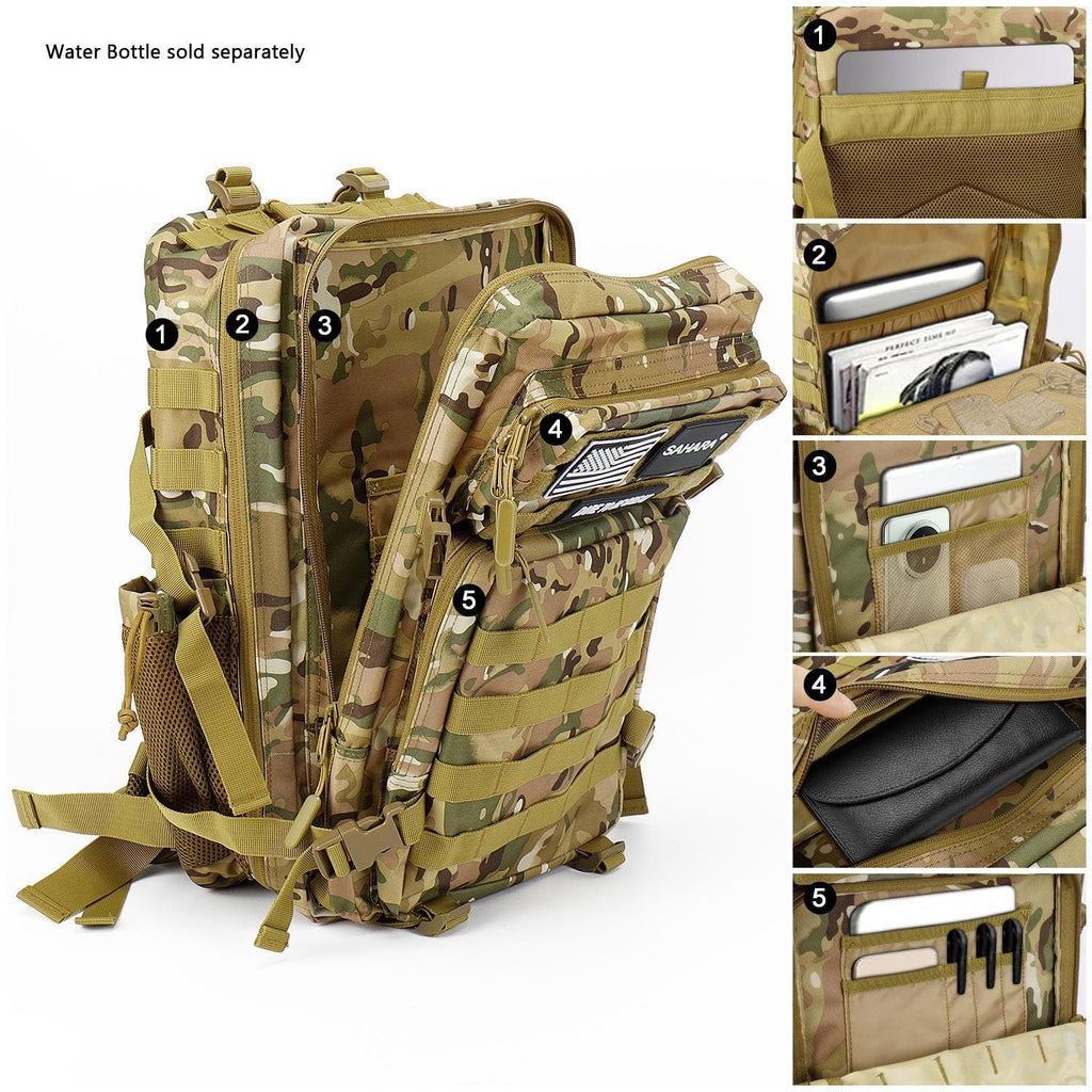 Camouflage laptop travel backpack with multiple front pockets, card sleeve, and zip compartments.