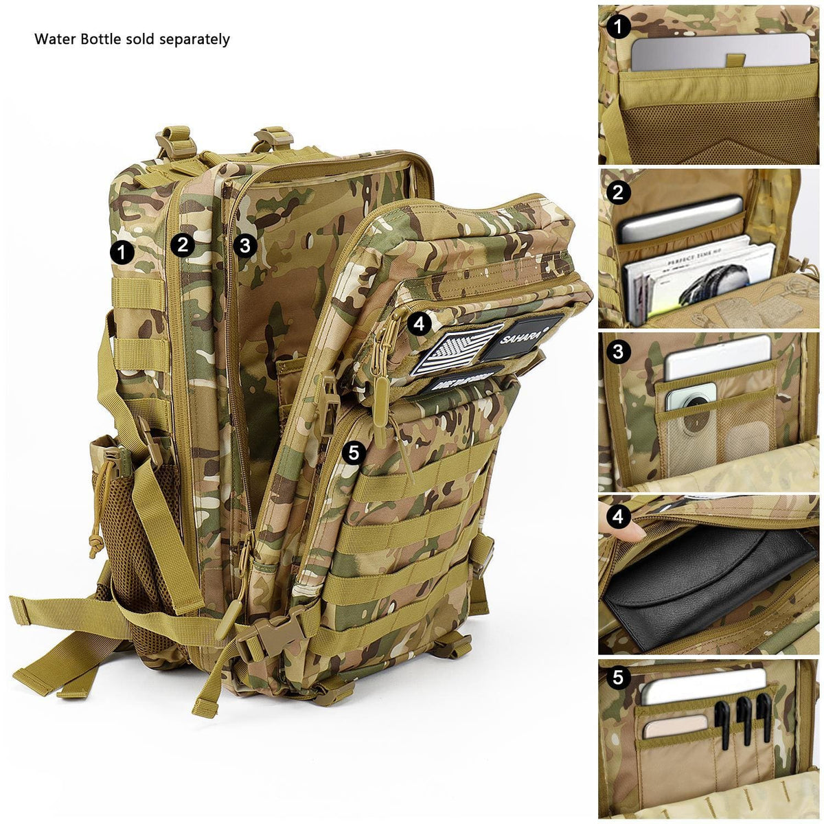 Camouflage laptop travel backpack with multiple front pockets, card sleeve, and zip compartments.