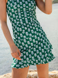 Green ruffle skirt with white flower print, layered hem