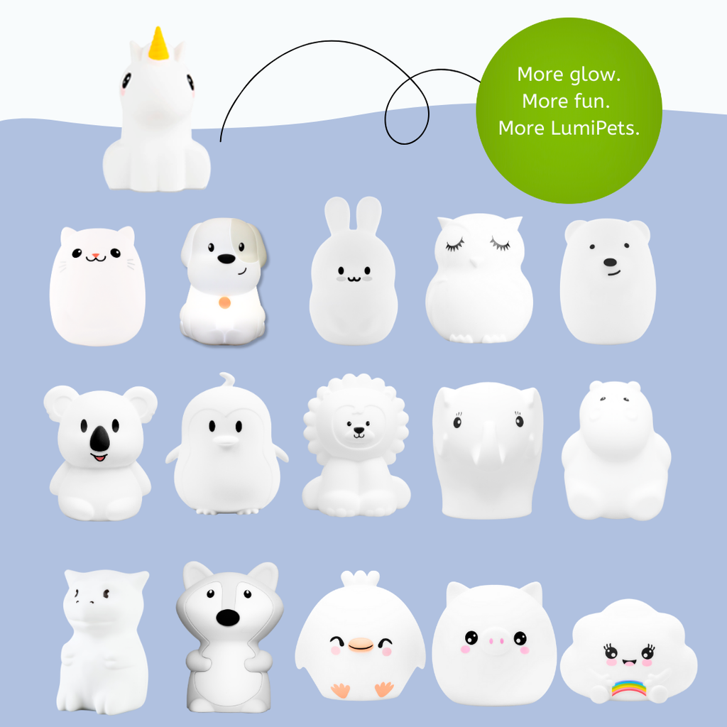 Assorted soft silicone LumiPets animal night lights with glowing faces