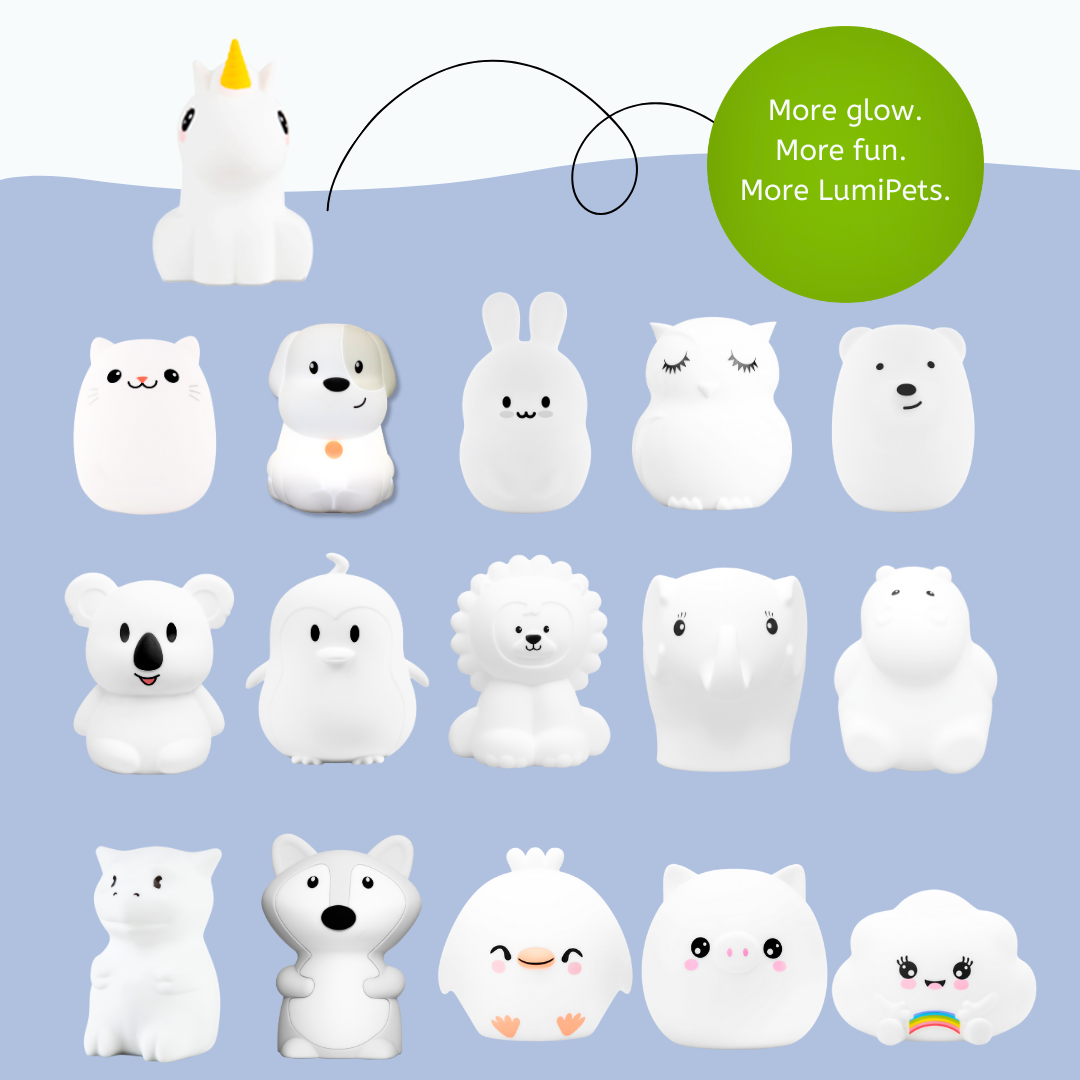 Assorted soft silicone LumiPets animal night lights with glowing faces