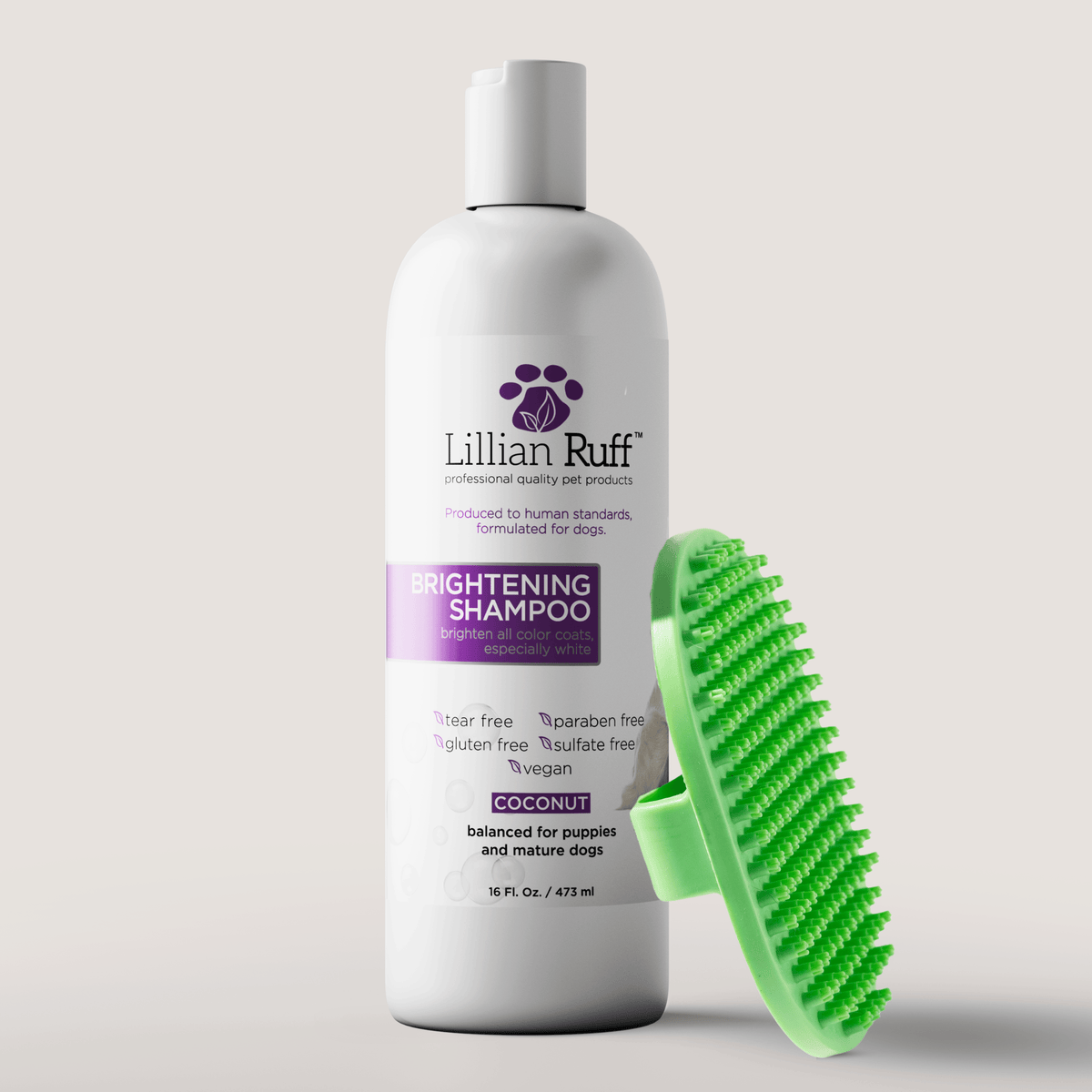 Lillian Ruff brightening shampoo bottle with green bath brush, 16 oz