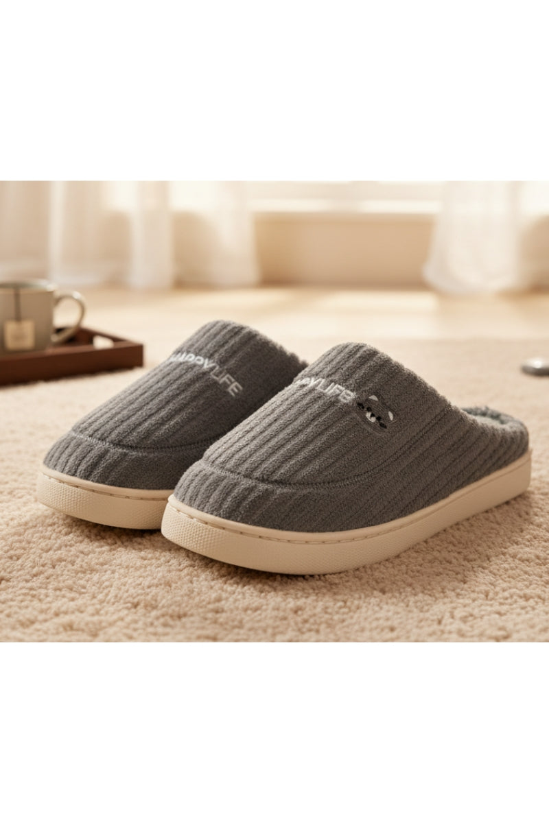 Gray knitted slip-on critter slippers with plush lining and white rubber sole