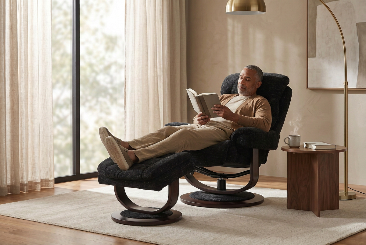 Dark recliner chair with ottoman, lounge posture on round swivel base