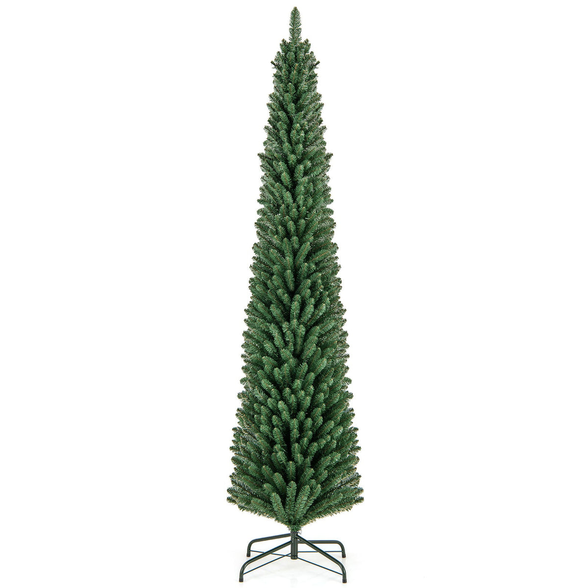 Dark green pencil Christmas tree with metal stand base