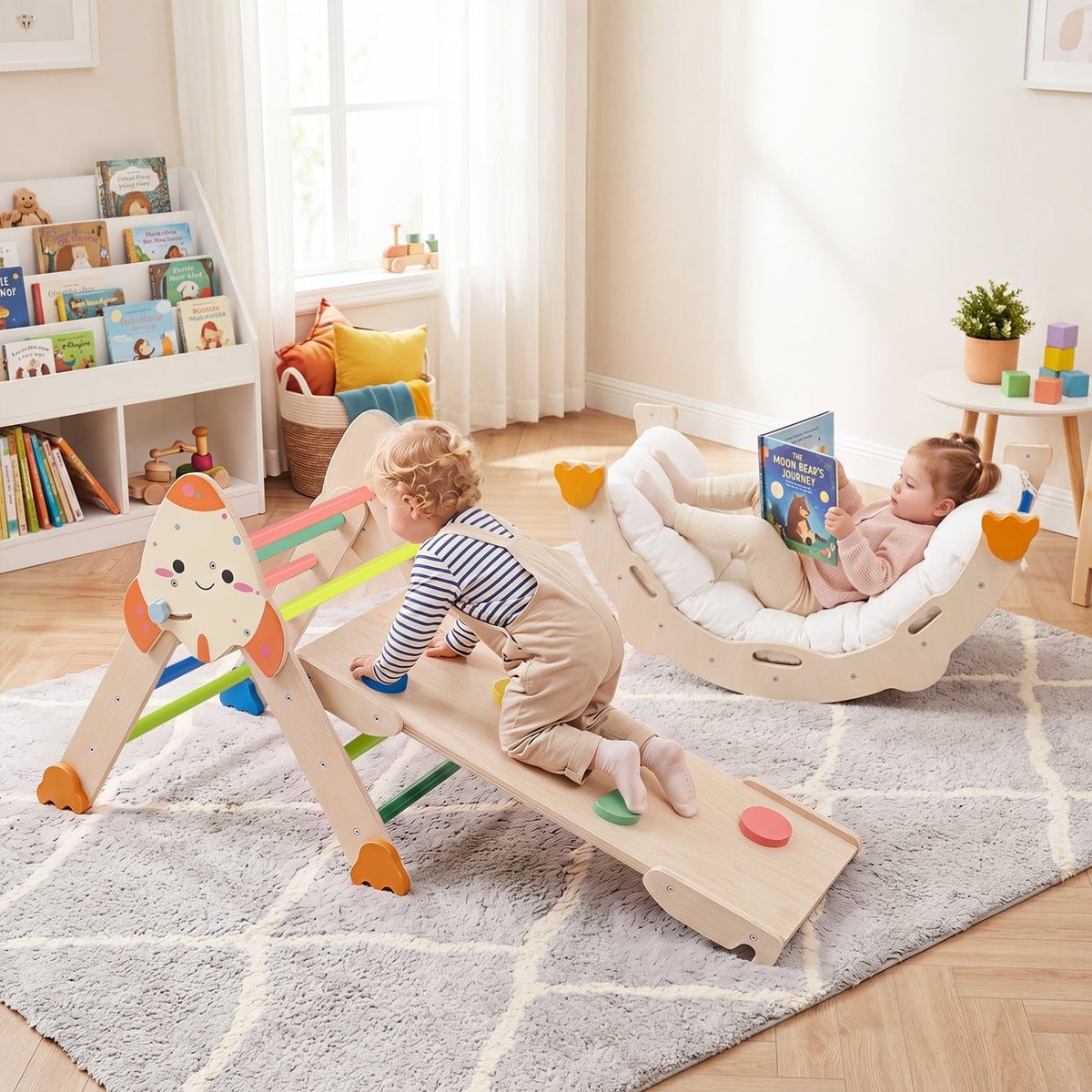 Rocket-themed toddler foldable climbing set with ramp, rocker arch, and play panel