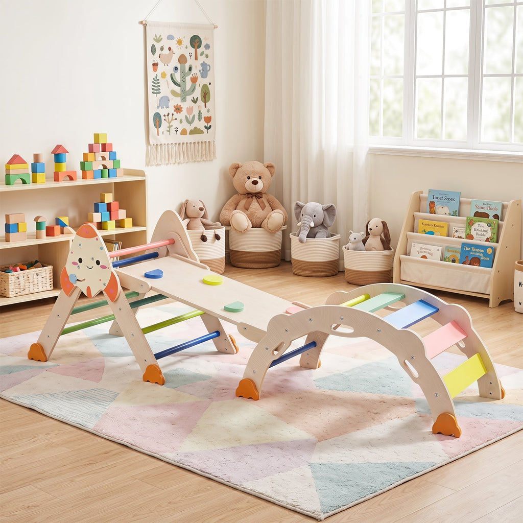 Rocket-themed toddler foldable climbing set with arch bridge and multicolor balance boards