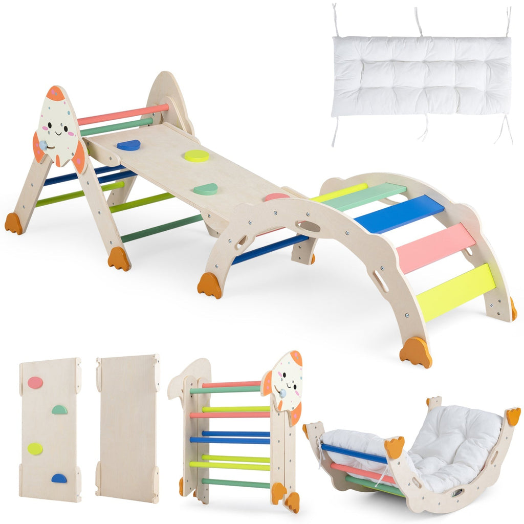 Rocket-themed toddler foldable climbing set with ramp, arch slide, and folded play panels