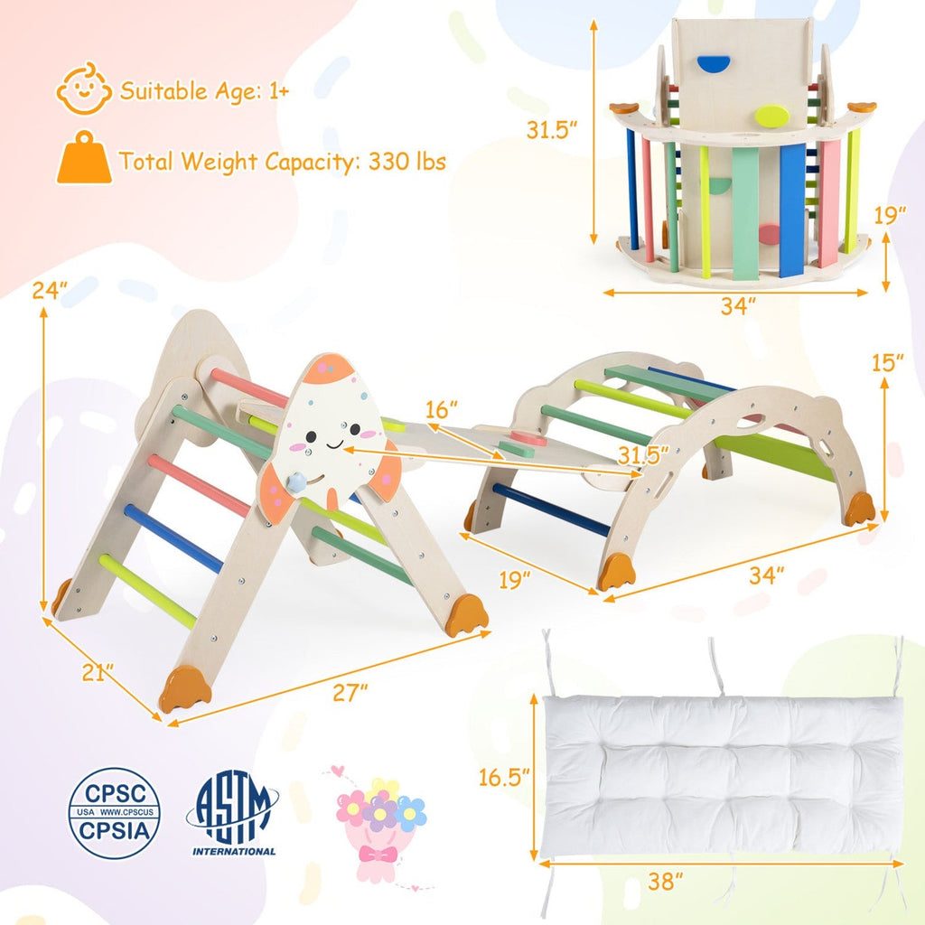 Rocket-themed toddler foldable climbing set with ramp, arch, and cushioned seat piece