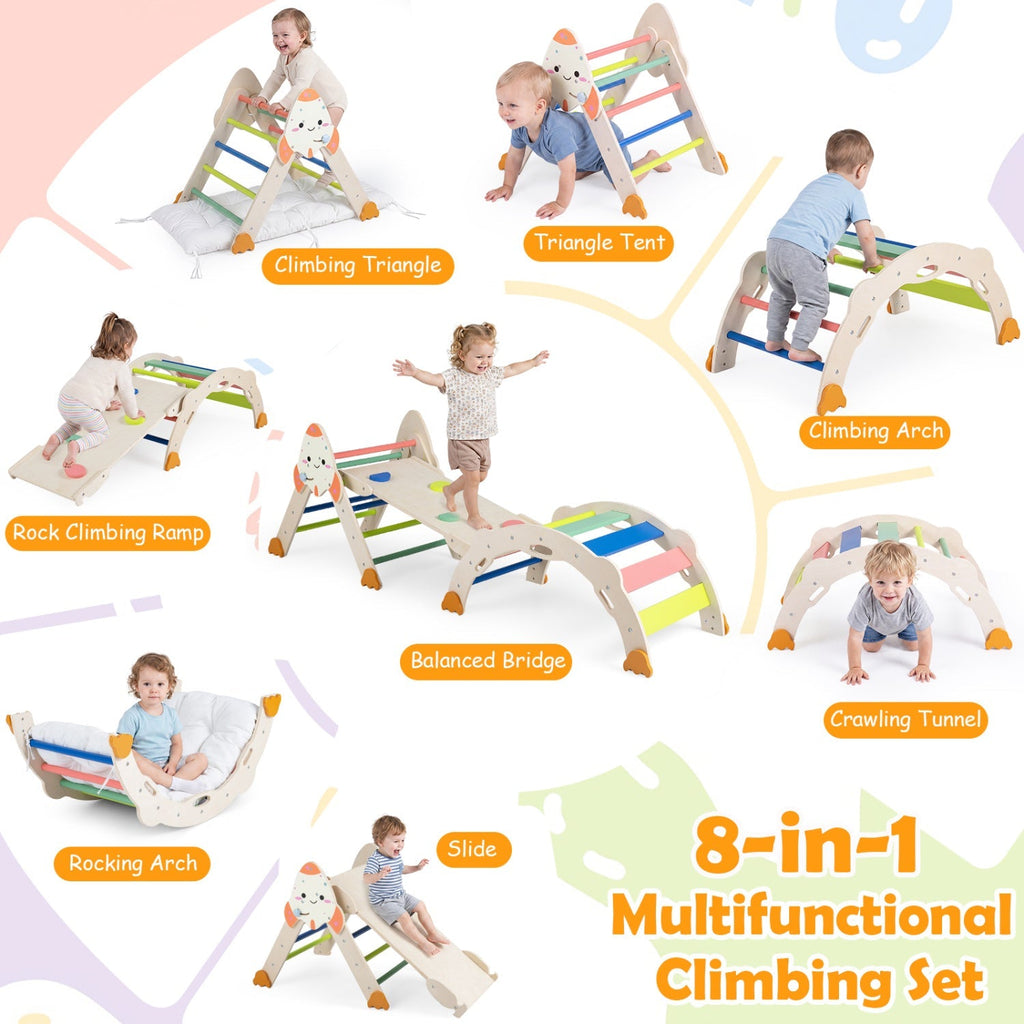 Rocket-themed toddler foldable climbing set showing multiple configurations for climbing and crawling