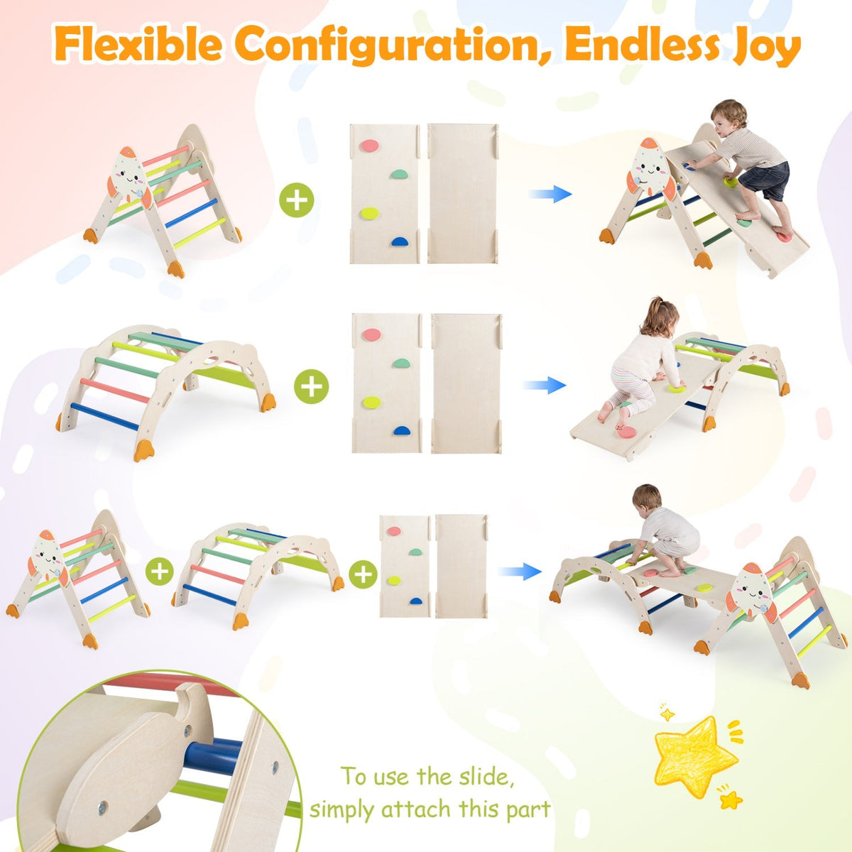 Rocket-themed toddler foldable climbing set with connectable panels and arch ramp pieces