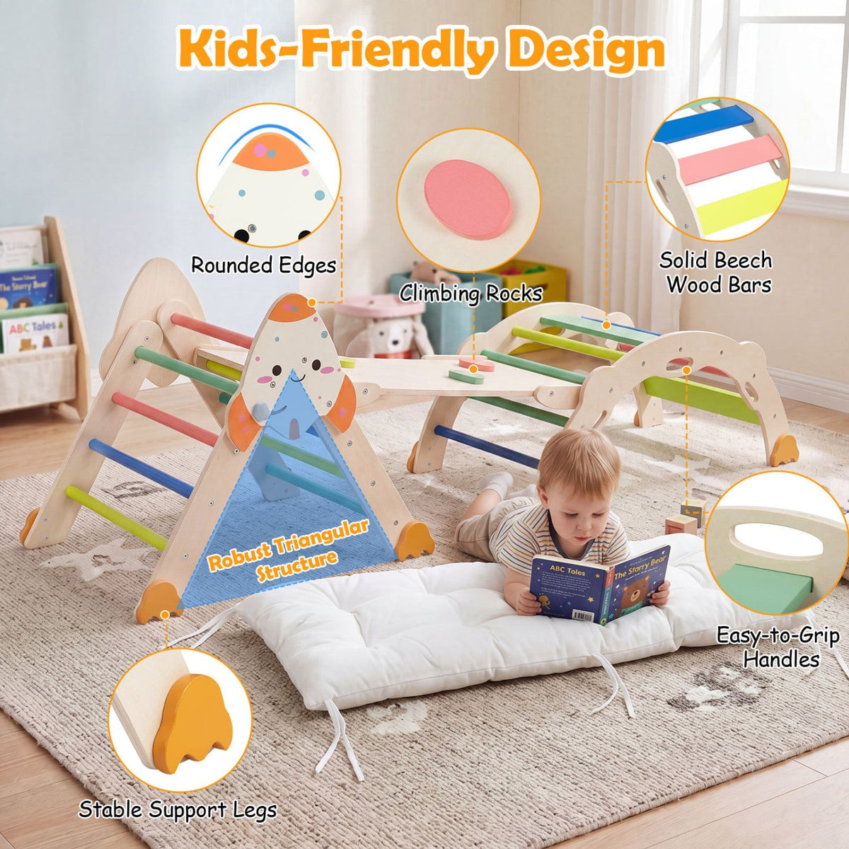 Rocket-themed toddler foldable climbing set with wooden bars and rounded climber pieces