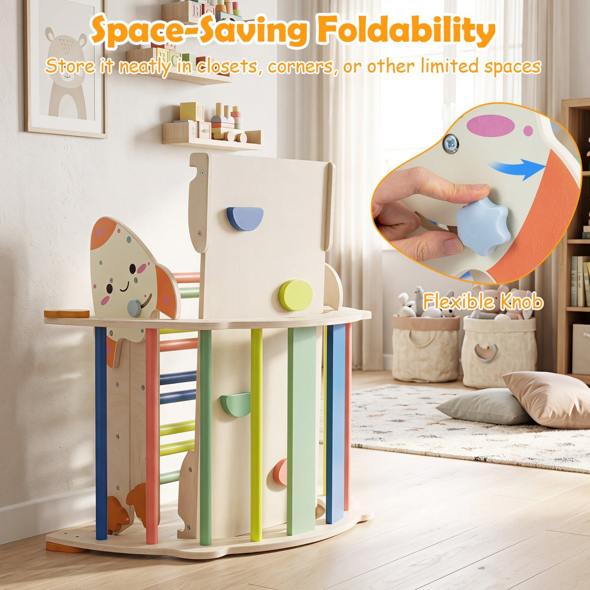 Rocket-themed toddler foldable climbing set with folded side panels for space-saving storage