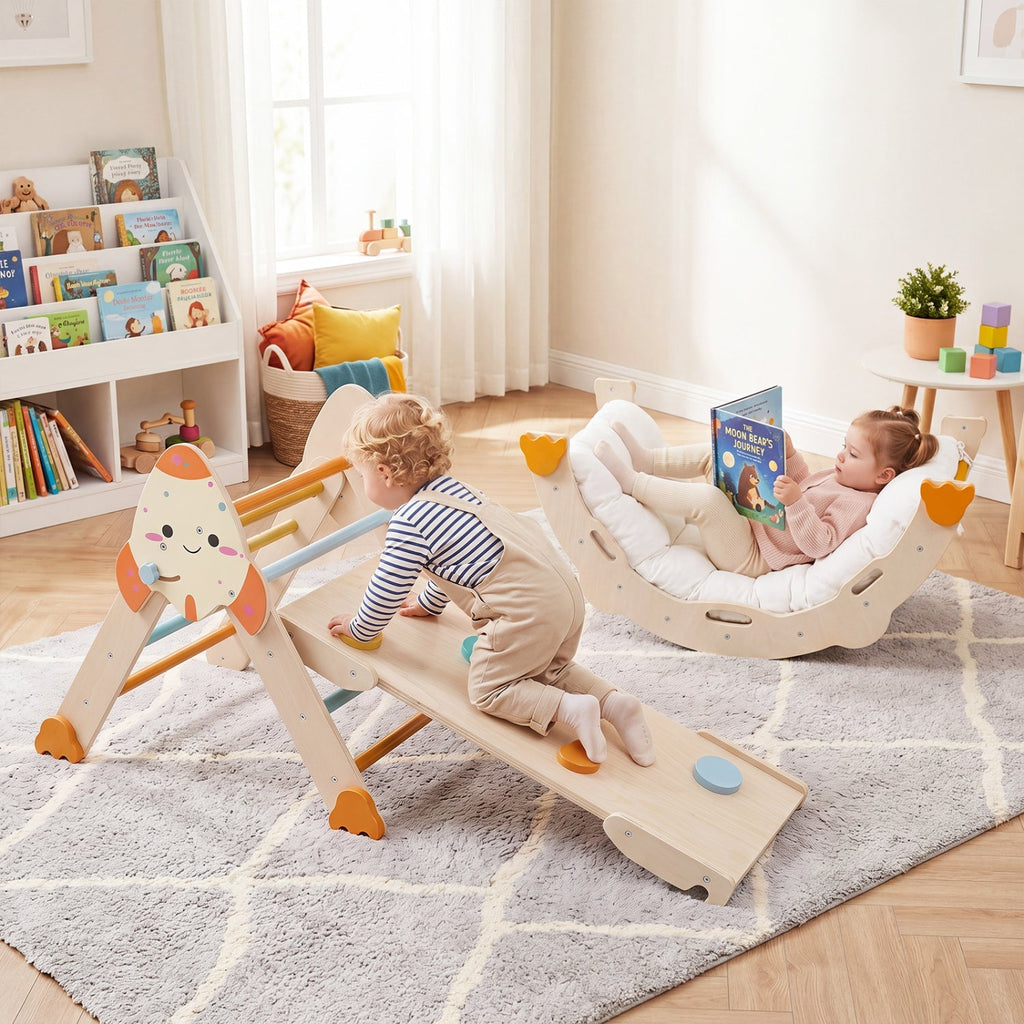 Rocket-themed toddler foldable climbing set with ramp, rocker arch, and play panel