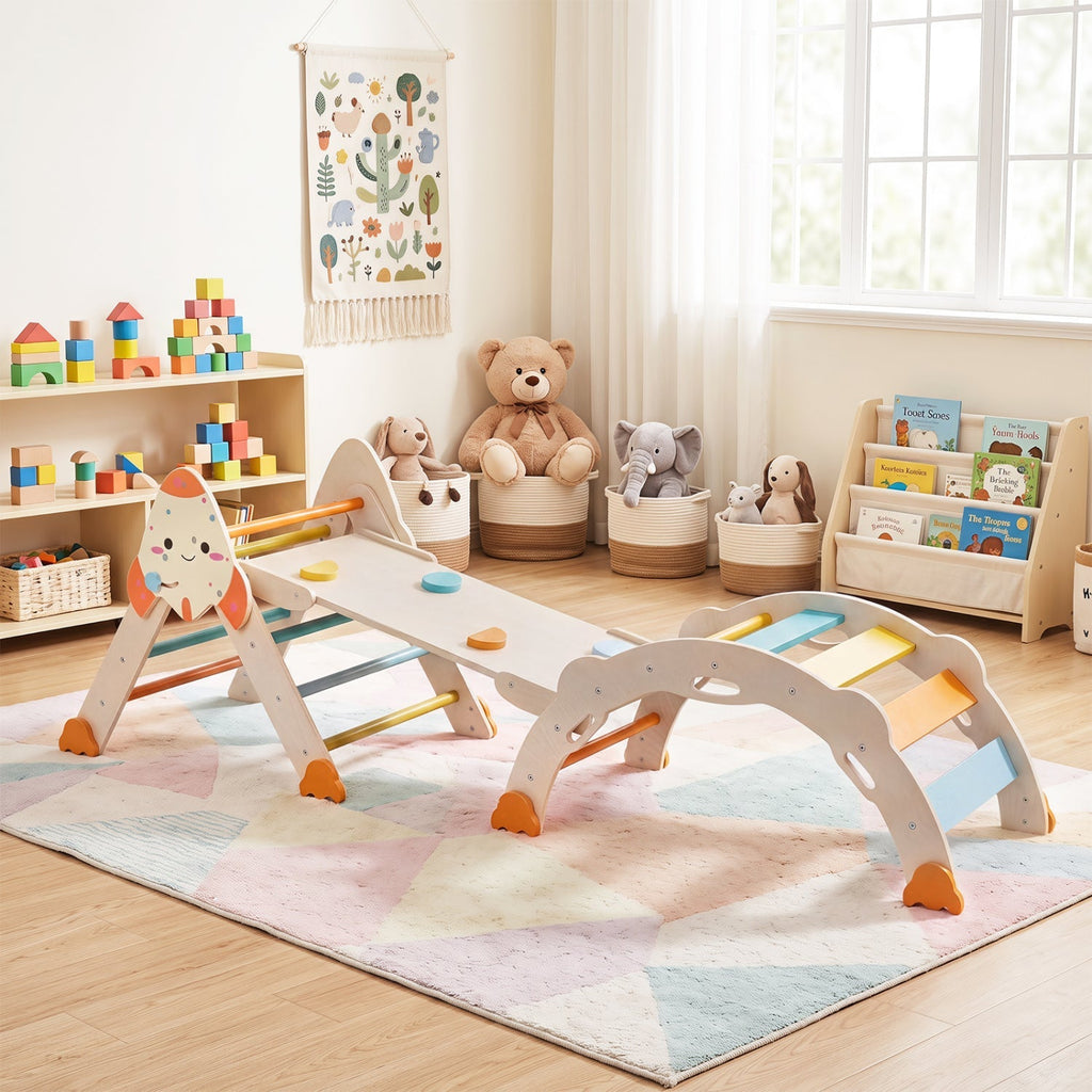 Rocket-themed toddler foldable climbing set with arch bridge and multicolor balance boards