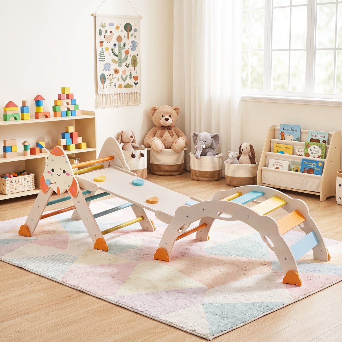 Rocket-themed toddler foldable climbing set with arch bridge and multicolor balance boards