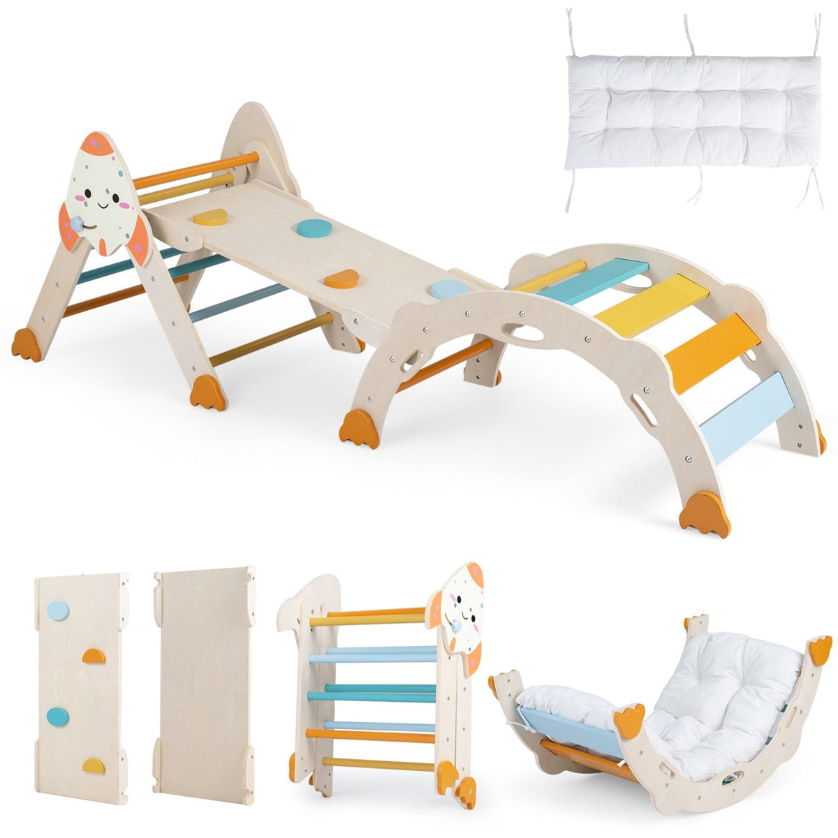 Wooden toddler climbing set with rocket theme, blue steps, orange feet, and white seat cushion.