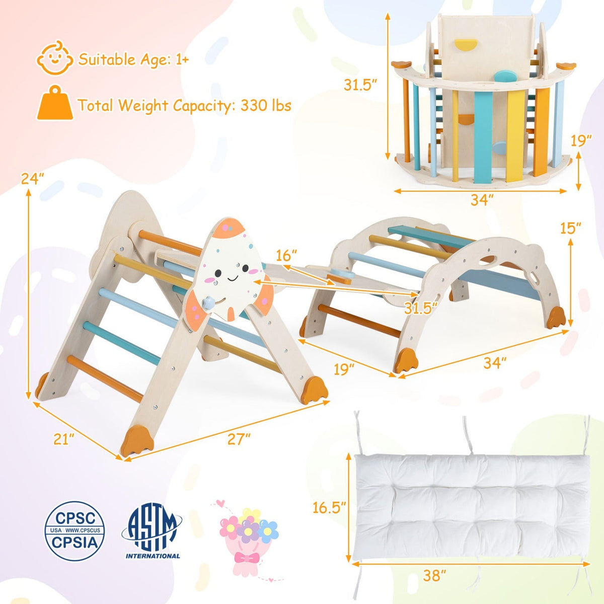 Rocket-themed wooden toddler climbing set with blue rails, orange feet, and padded white base.