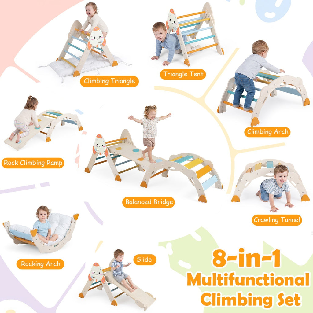8-in-1 rocket-themed toddler climbing set with multiple play modes on a single wooden frame.