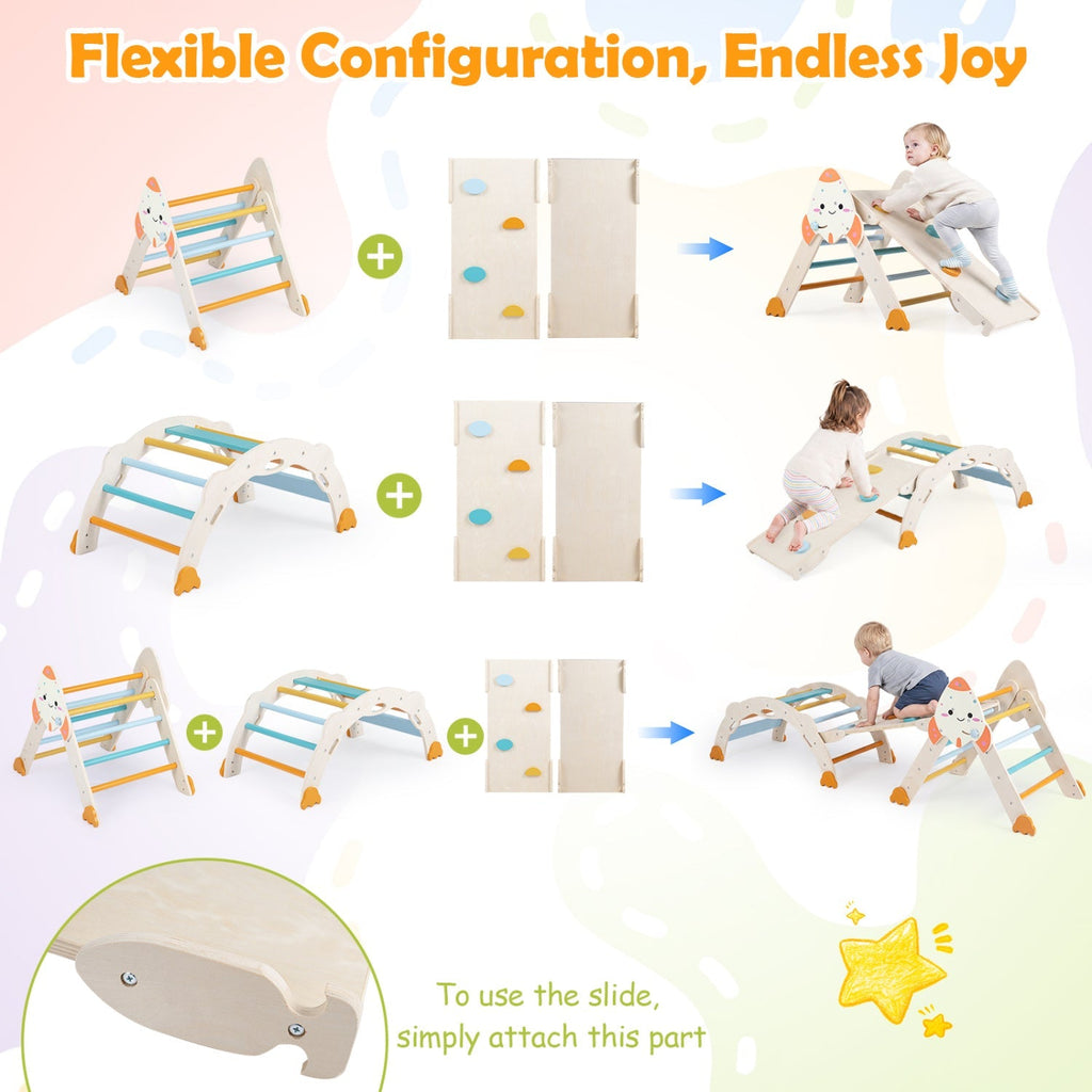 Rocket-themed wooden toddler climbing set showing flexible configurations with slide attachments.