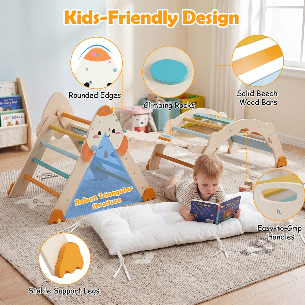 Rocket-themed wooden toddler climbing set with blue climbing rocks, rounded edges, and white cushion.