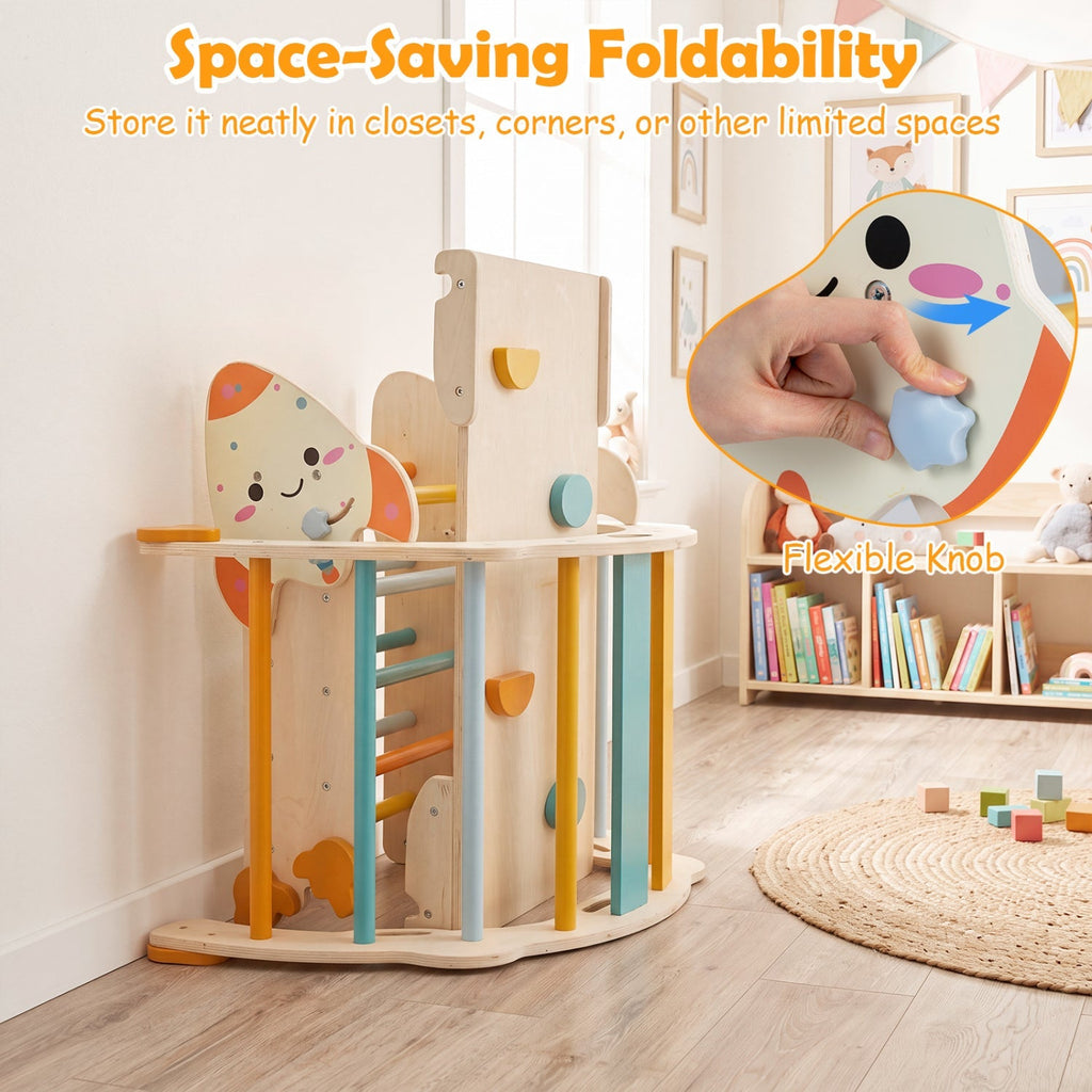 Rocket-themed folding wooden toddler climbing set with stable legs and adjustable knob on frame.