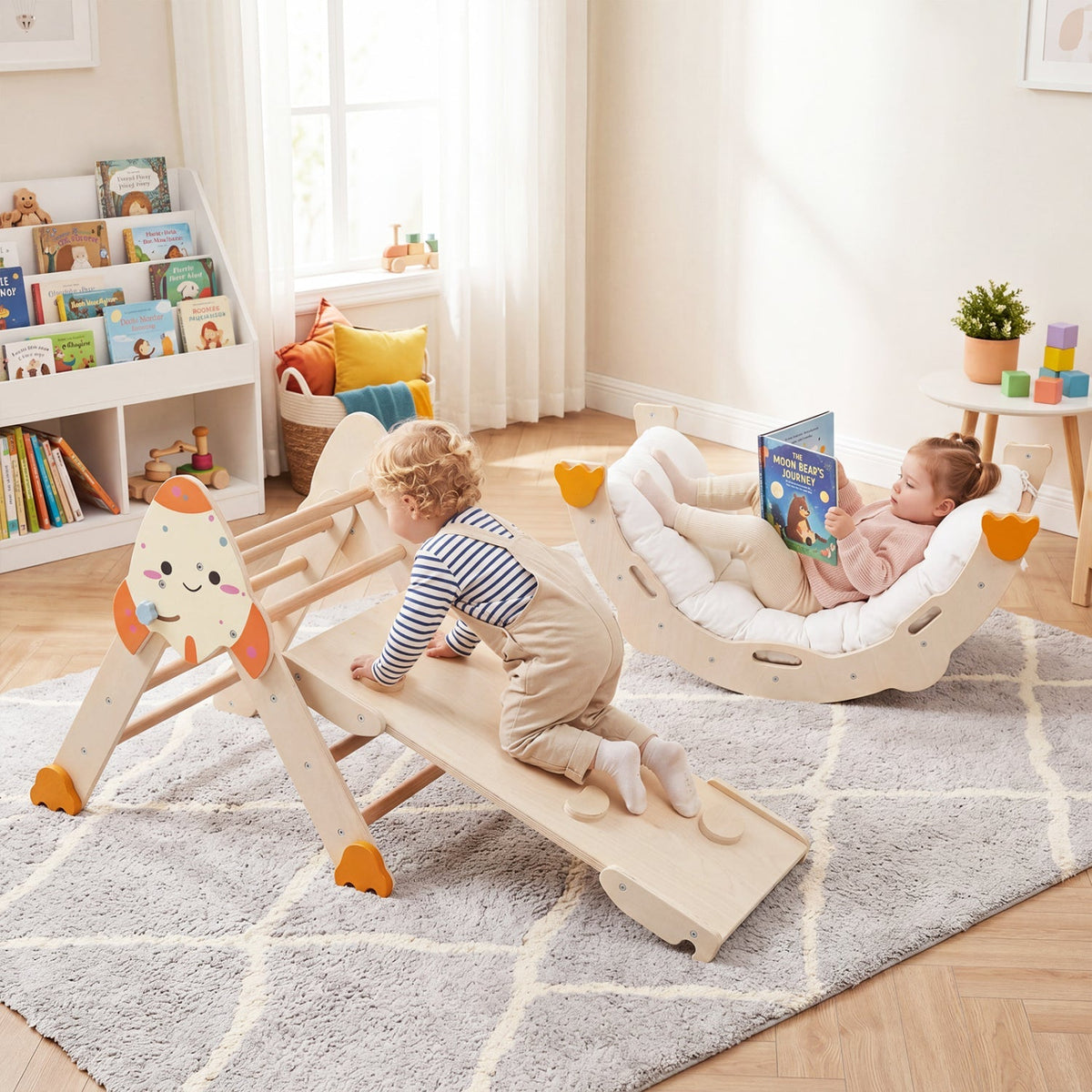 Rocket-themed wooden 8-in-1 toddler climbing set with slide and ramp, plus white padded seat.