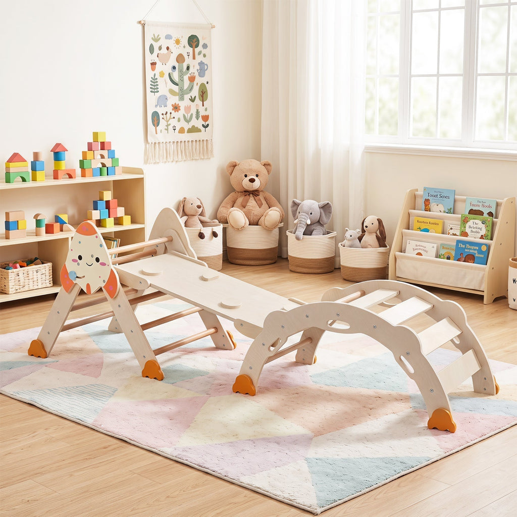 Rocket-themed wooden toddler climbing set with arch ramp and slide sections on blue rails.