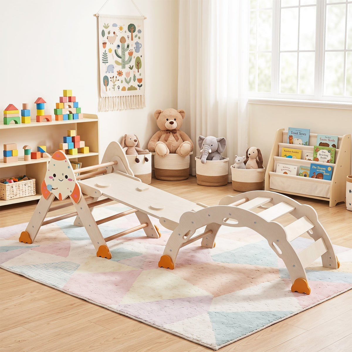 Rocket-themed wooden toddler climbing set with arch ramp and slide sections on blue rails.