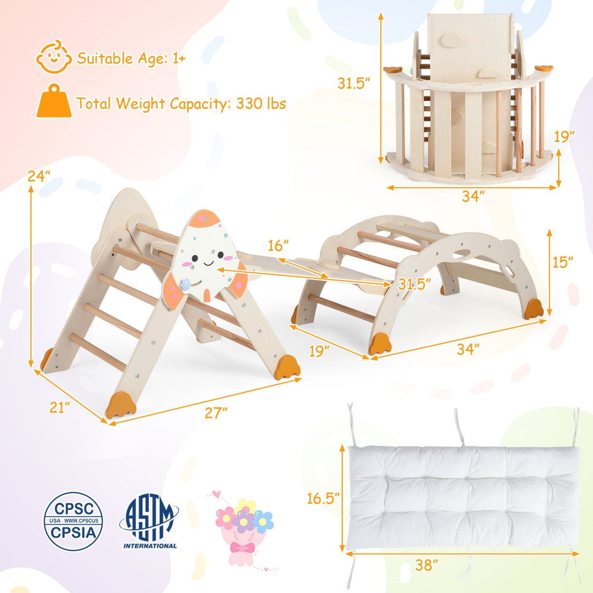 Rocket-themed wooden toddler climbing set with blue rails, orange feet, and padded white base.