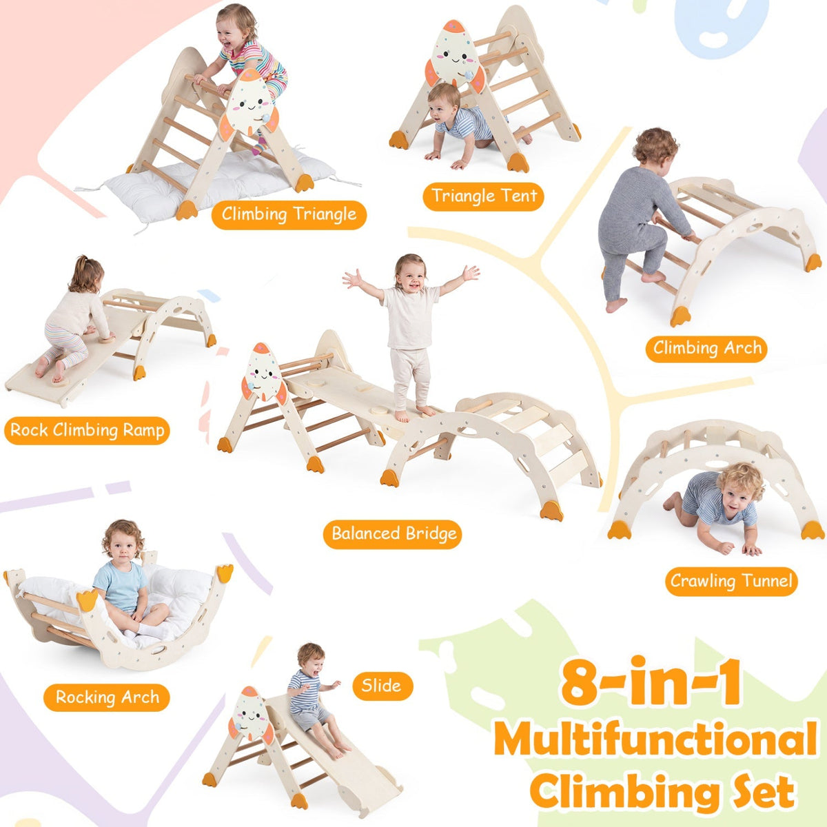 Beige 8-in-1 toddler climbing set with rocket-themed play panels and curved arches