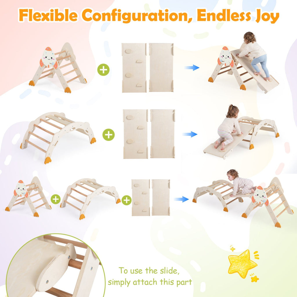 Beige folding toddler climbing set parts shown in multiple configurations