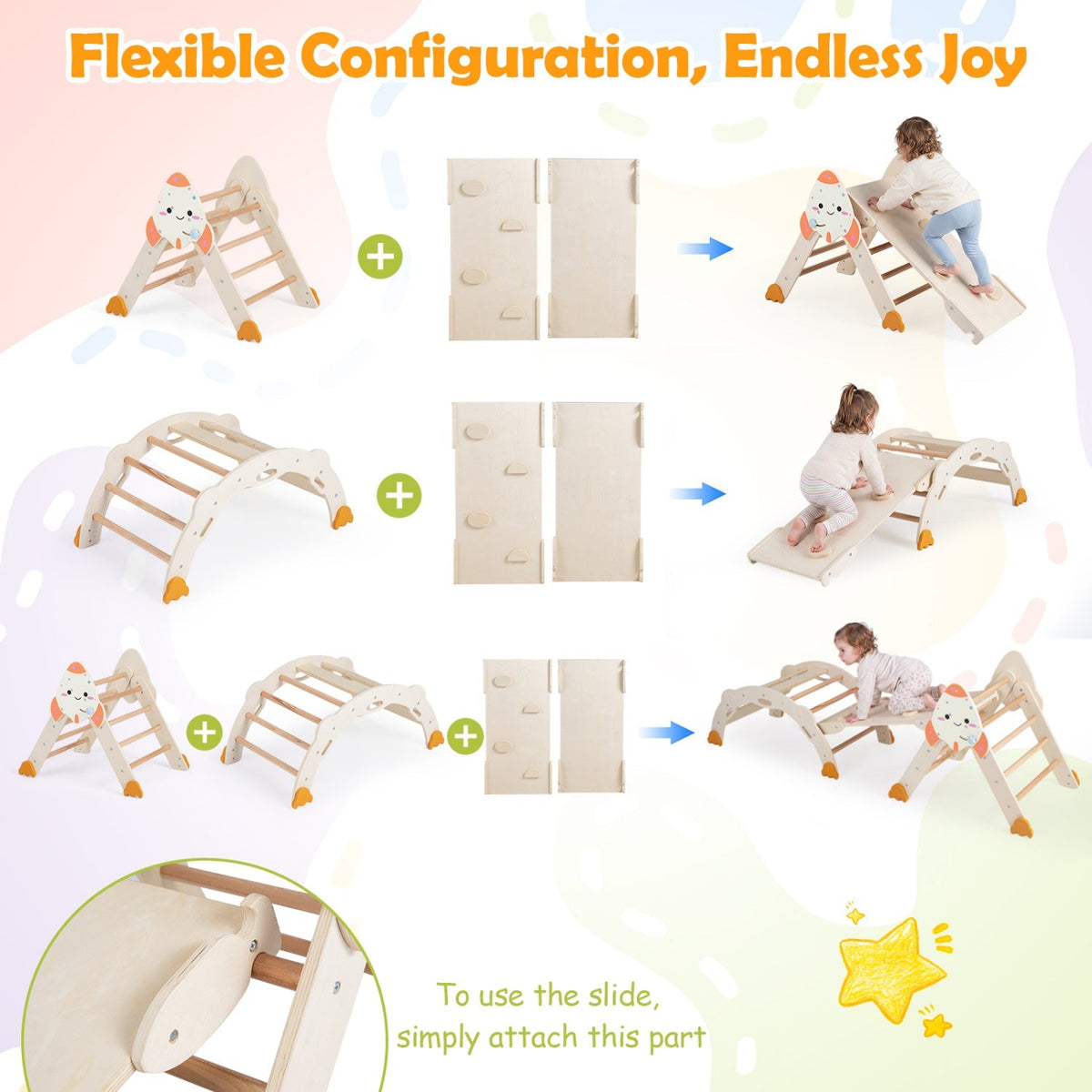 Beige folding toddler climbing set parts shown in multiple configurations