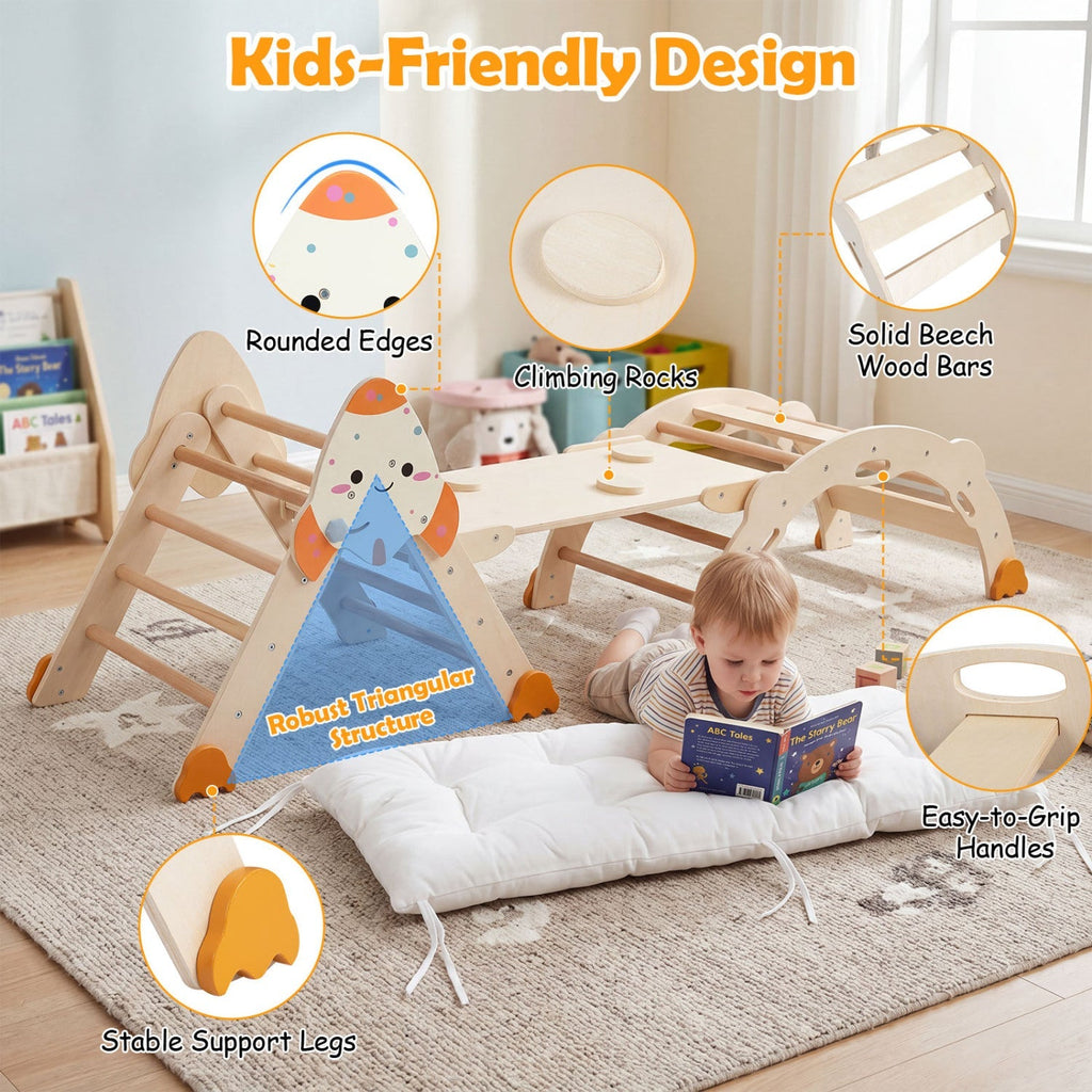 Beige toddler climbing set with wooden bars, climbing rocks, handles, and stable legs