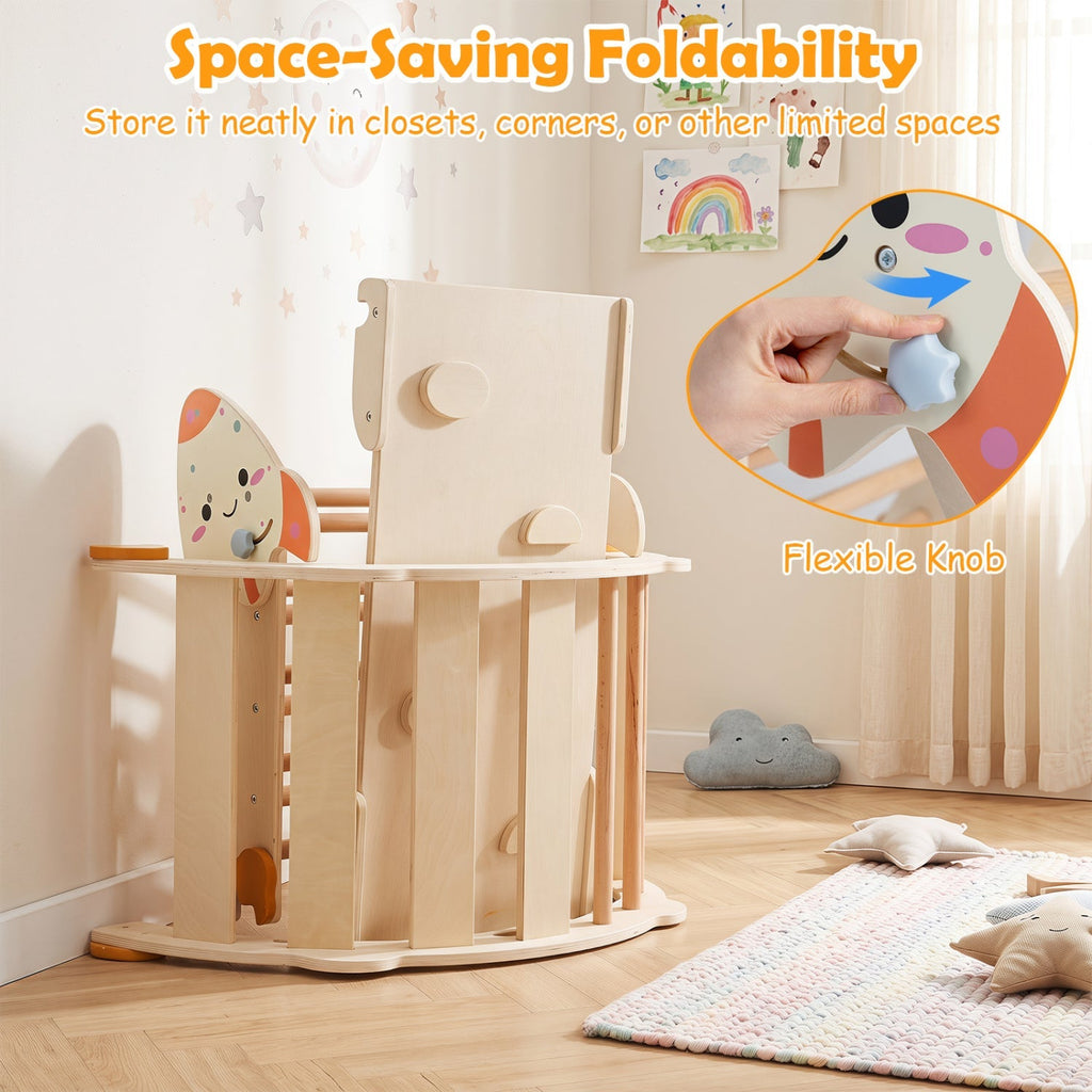 Folded beige wooden toddler climbing set with storage knob and side panels