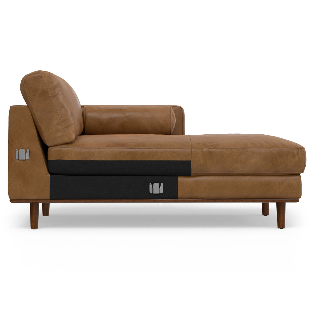 Brown upholstered fabric sectional sofa with chaise, rounded arms, and dark base panel