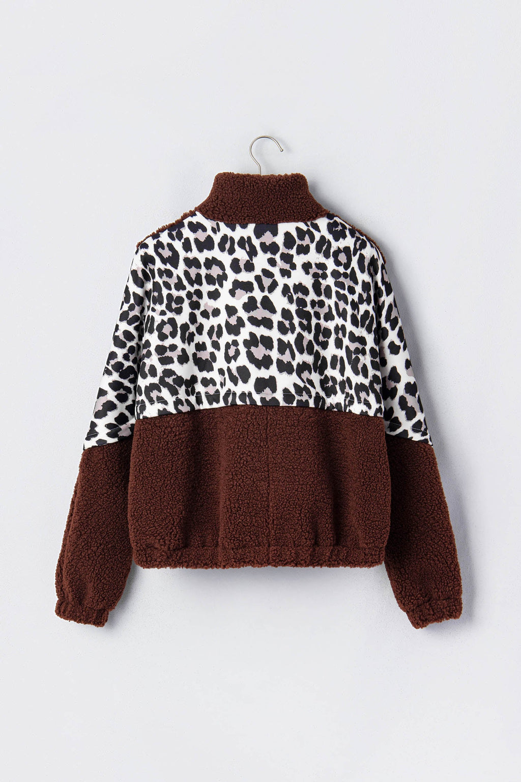 Brown fleece zip-up jacket with leopard-print yoke and sleeves