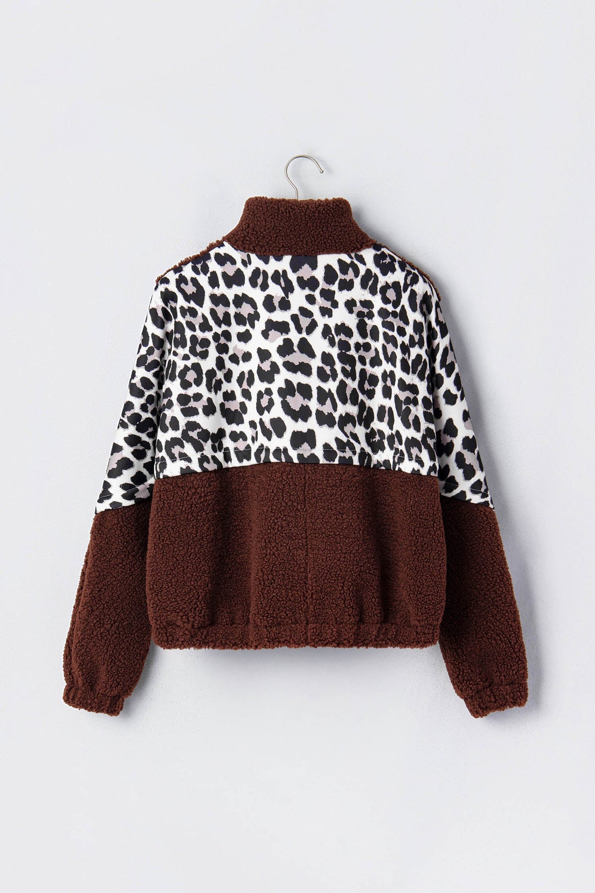 Brown fleece zip-up jacket with leopard-print yoke and sleeves