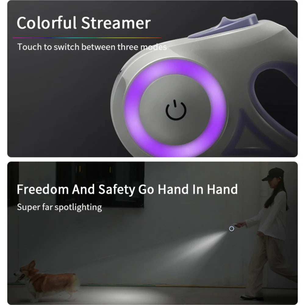 Purple LED retractable pet leash with multi-mode glowing ring control button on handle
