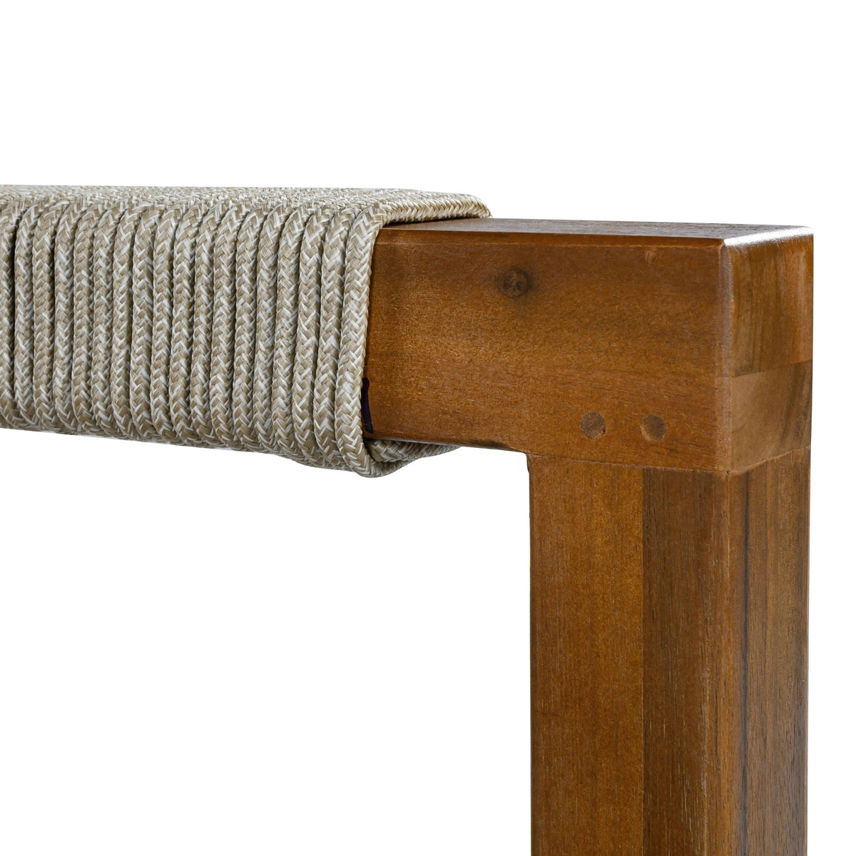 Acacia wood armrest with gray rope-woven cushion detail