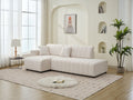 Beige lamb-wool sectional sofa with chaise, left-arm facing; plush tufted cushions.