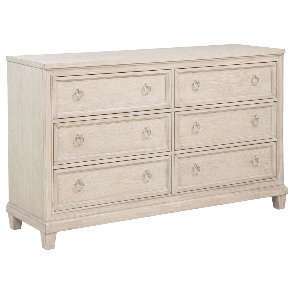 Washed oak dresser with six drawers and round metal knobs