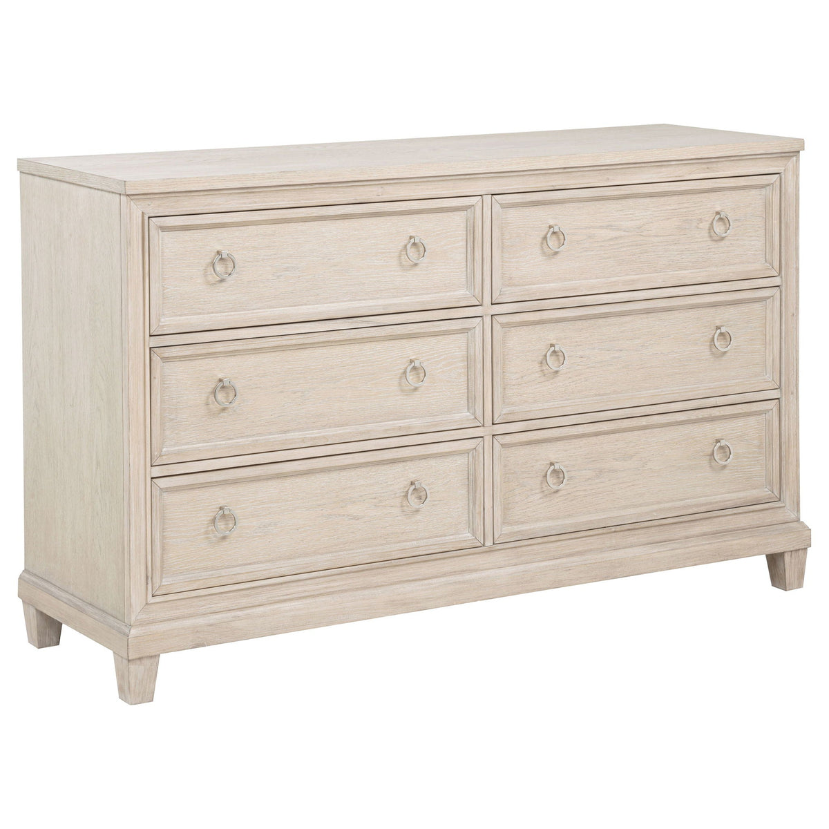Washed oak dresser with six drawers and round metal knobs